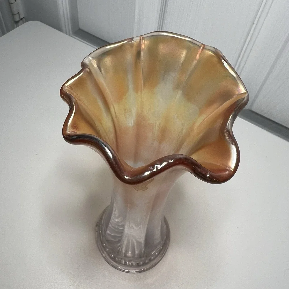 Carnival Glass‎ Iridescent Marigold Ruffled Vase Vintage